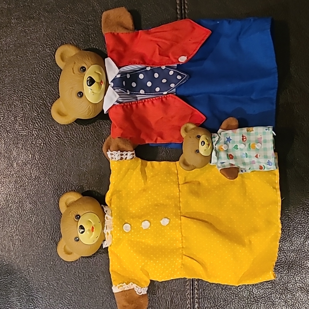 RARE FIND Vintage 3 Bears hand puppets 10 1/2" Mama and Papa 4 1/4" Baby